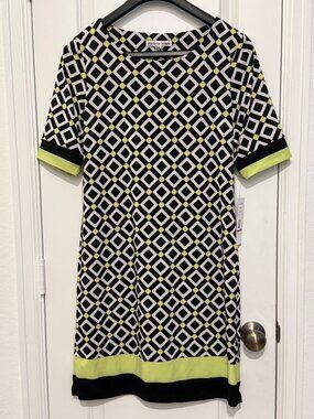 Madison Leigh Womens Geometric Print Shift Dress Lime/White Size 12 Polyester-Sp